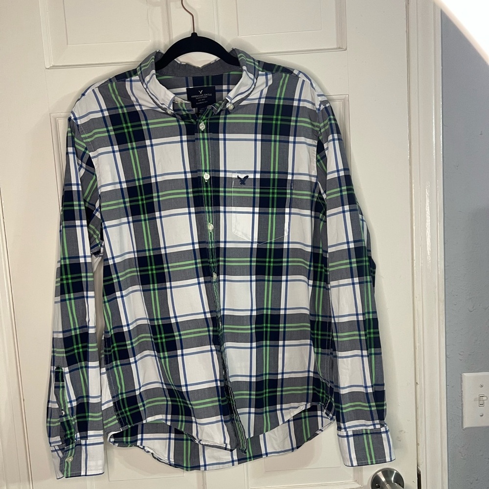 American Eagle Outfitters Navy and Green Plaid Shirt